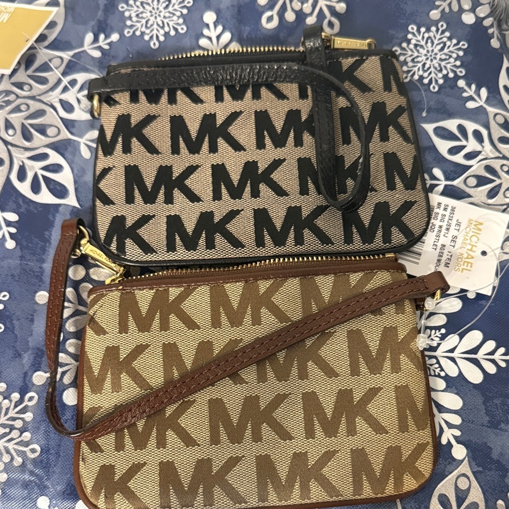 Michael Kors Black and Tan Logo Wristlet Duo